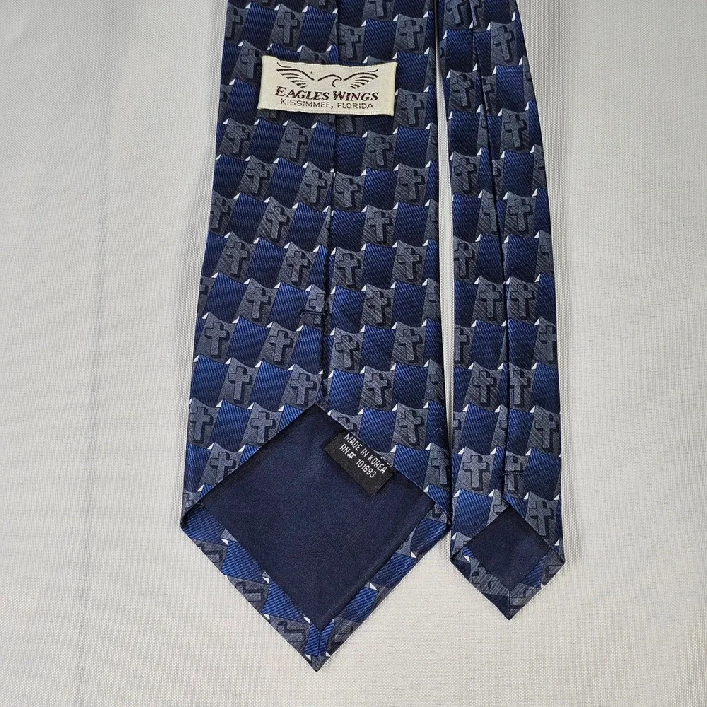Eagles Wings Mens Silk Tie Navy‎ Blue Grey Christian Cross Religious Geometric